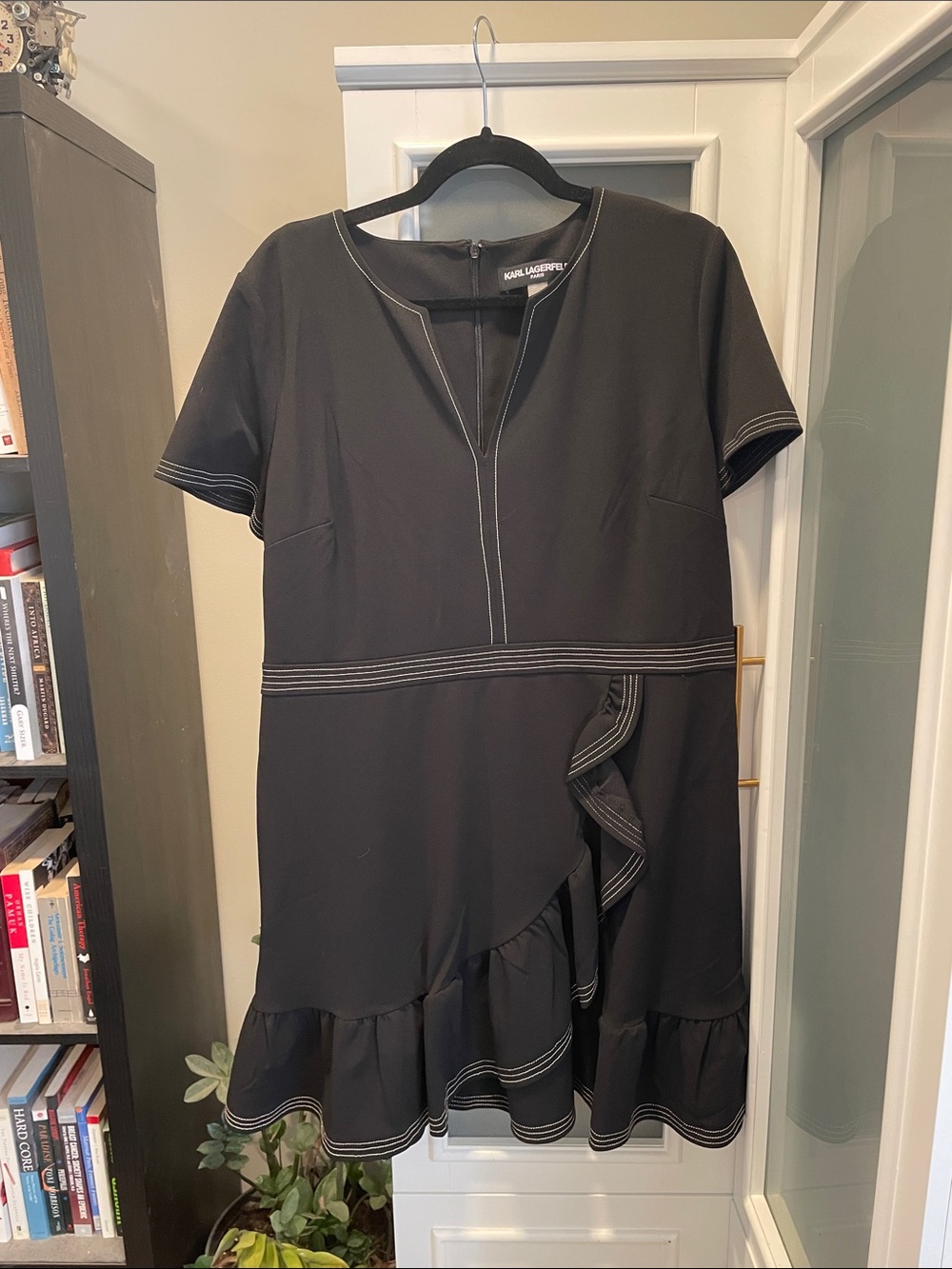 Karl Lagerfeld Black Short Sleeve Ruffle Wrap Dress with Contrast Stitching